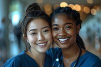 Two smiling female healthcare workers in blue scrubs posing together against blurred hospital background, representing teamwork in medical profession.