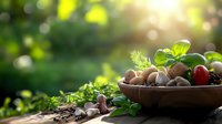 Fresh mushrooms and herbs in wooden bowl against blurred green garden background with sunlight, perfect for food photography and culinary content.