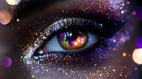 Macro shot of colorful eye with cosmic-inspired glitter makeup, multicolored iris, and sparkling silver particles against dark background creating magical fantasy effect.