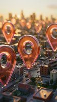 Glowing location pins floating above urban cityscape at sunset for navigation apps, GPS services, and digital mapping technology solutions.