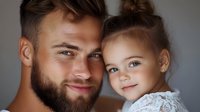 Young Caucasian father with beard holding adorable toddler daughter with hair bun, both smiling warmly at camera in tender family portrait moment.