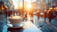 Cup of latte with heart pattern foam art on cafe table at sunset, blurred urban street background with walking people and warm evening lights.