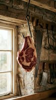 Raw beef steak hanging from metal hook in rustic butcher shop with aged brick walls and wooden beams, suitable for culinary, food production, and restaurant design projects.