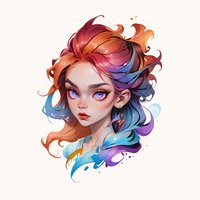 Fantasy portrait of young woman with flowing multicolored hair in red, blue and purple tones, featuring expressive purple eyes and delicate facial features on white background.