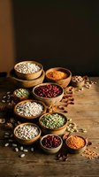Wooden bowls filled with assorted legumes including white beans, red kidney beans, lentils, and peas arranged on rustic wooden surface for cooking and nutrition content.
