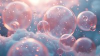 Dreamy soap bubbles floating in pink and blue atmosphere with bokeh light effects and sparkles creating magical ethereal background for design projects.