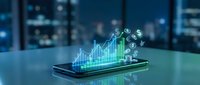 Smartphone with glowing holographic financial charts, rising bar graphs, and dollar signs symbolizing digital investment growth and mobile banking.