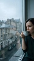 Woman with dark hair and fair complexion drinking from a mug while gazing out a rain-covered window at an urban cityscape. Suitable for lifestyle, wellness, and contemplative editorial use.