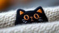 Black cat face with orange eyes peeking out from cream knit fabric. Cute embroidered feline character for children's designs, textiles, apparel and decorative projects.
