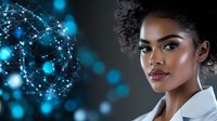 Young African American female scientist or tech professional with natural curly hair near glowing blue digital network sphere visualization against dark background.