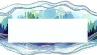 Abstract mountain landscape frame with flowing waves and forest silhouettes in blue and green tones. Blank white space for text or design elements.