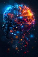 Glowing human brain with blue and orange light effects against cosmic background, symbolizing mind power and cognitive function.