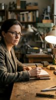 Middle-aged Caucasian woman with glasses writing in notebook at wooden desk with vintage lamp in cozy home office library workspace for academic research.