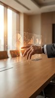 Businessman in dark suit interacting with glowing holographic data visualization displaying financial charts, graphs and network connections on wooden desk with sunlit office window background.