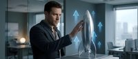 Professional businessman touching holographic rocket with growth arrows in modern office space representing startup launch and business success concepts.