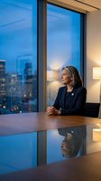 Mature businesswoman executive sitting at conference table in modern office overlooking city skyline at dusk for corporate leadership and success concepts.