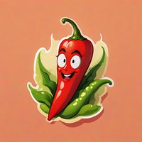 Smiling red chili pepper character with expressive eyes and happy face against decorative green leaves and warm background, isolated design for food packaging and labels.