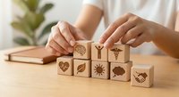 Woman arranging wooden blocks with healthcare and wellness symbols on desk, representing holistic medicine and natural health concepts for medical design.