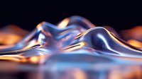 Smooth metallic liquid surface with orange and blue reflections creating abstract waves and curves against dark background, modern minimalist design element.