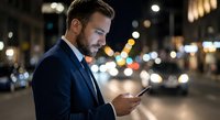 Professional businessman using smartphone on city street at night with bokeh lights background for business communication and urban lifestyle concepts.