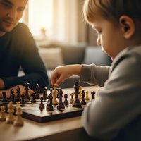 Father and young daughter playing chess together at home, family bonding time, strategic thinking, educational activity for children development.