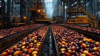 Industrial steel conveyor belts moving fresh oranges and citrus fruits through modern automated sorting facility with dramatic lighting and perspective.
