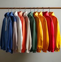 Colorful hooded sweatshirts hanging on wooden rack, arranged in rainbow order from blue to red. Collection of casual sportswear displayed for retail or wardrobe selection.