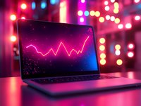 Laptop displaying glowing pink chart line against starry background with vibrant bokeh lights creating modern cyberpunk atmosphere for business and technology concepts.