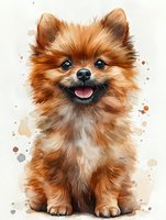 Smiling Pomeranian puppy with fluffy red-brown fur on watercolor background with splatter effects, artistic pet portrait suitable for nursery decor and greeting cards.