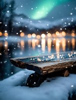 Magical winter evening with snow falling on wooden bench against blurred city lights and aurora borealis in night sky, reflecting on frozen lake surface.