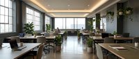 Modern open-plan office space with natural light, wooden desks, ergonomic chairs, and abundant green plants creating a productive, eco-friendly work environment for corporate teams.