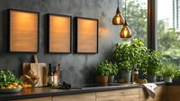 Modern kitchen counter with fresh herbs in terracotta pots, pendant lights, empty black frames on dark wall, olive oil bottles and wooden cutting board, cozy atmosphere.