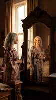 Mature Caucasian woman in floral silk robe looking at reflection in ornate antique mirror in elegant bedroom with warm natural lighting from window.
