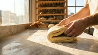 Baker hands kneading fresh pasta dough on floured marble counter in rustic kitchen with wooden shelves and natural lighting for culinary preparation.
