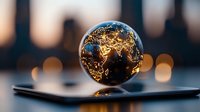 Crystal globe showing illuminated world map floating above smartphone screen with blurred city lights background, global connectivity concept.