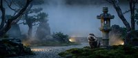 Mystical forest path with glowing lanterns and adorable raccoon in misty twilight atmosphere creating enchanting woodland scene for fantasy storytelling.