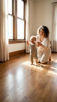 Young mixed-race mother helping toddler take first steps in sunny living room with hardwood floors and natural light streaming through windows.
