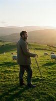 Male farmer with beard, wearing olive jacket and dark pants, standing in rolling green pasture with grazing sheep during golden hour sunset. Pastoral countryside landscape with distant hills.