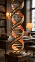 Ornate DNA helix sculpture with illuminated amber glass panels and decorative brass bands, displayed in a library setting with warm lighting, suitable for science education, medical offices, and sophisticated home decor.