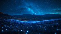 Magical night landscape with glowing blue flowers in mountain valley under starry sky and bright Milky Way, dreamy nature scenery.
