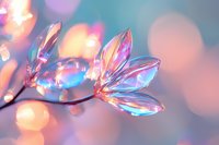 Ethereal crystal flower petals with iridescent reflections against soft bokeh background in pink and blue tones, creating dreamy magical atmosphere.