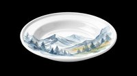 Watercolor mountain landscape scene with evergreen forest and snow-capped peaks inside a ceramic bowl, isolated on transparent background. Ready for design use on t-shirts, stickers, sublimation, print-on-demand products and digital crafts.