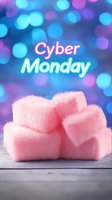Glowing neon Cyber Monday text above soft pink marshmallows on wooden surface with blue and purple bokeh lights background, seasonal sale concept.