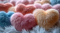 Colorful fluffy pom poms in pink blue and beige tones arranged on white fur background for crafting and DIY projects.