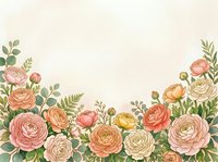 Elegant ranunculus flowers border frame with soft pink and peach blooms, green foliage on cream background for wedding invitations and romantic designs.