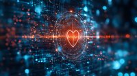 Glowing heart symbol in digital healthcare network with orange and blue technology elements, medical data visualization and futuristic interface design.
