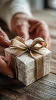 Close-up of hands holding small gift box with burlap ribbon bow on rustic wooden table, perfect for holiday, birthday or anniversary celebration.