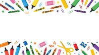 Colorful school and office supplies arranged on white background including markers, highlighters, scissors, clips, and sticky notes. Isolated design element.