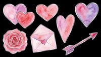 Watercolor hearts in pink, red, and purple tones with rose, envelope, and arrow elements isolated on transparent background. Ready for t-shirt designs, stickers, clipart, sublimation, and print-on-demand projects.