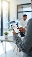 Businessman using smartphone with floating data analytics icons in modern office environment for digital business management and financial reporting.
